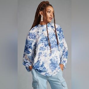 Maeve Blue and White Floral High-Neck Tunic